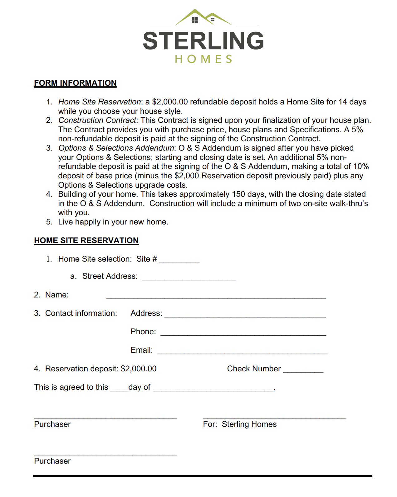 Sterling Homes Nature's Way Reservation Form